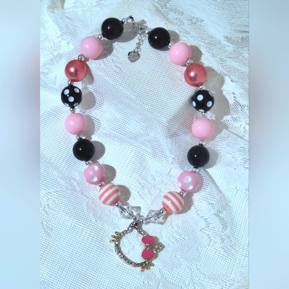 BLING!! Hello Kitty Necklace! Pink, & more pink beads, rhinestones, pink enamel